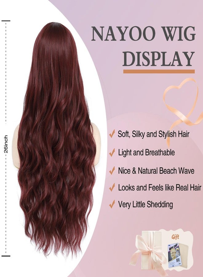 NAYOO Long Burgundy Wig for Women, 26 Inch Wine Red Wigs for Women, Burgundy Wavy Wigs Easy to Put, Red Halloween Wigs - Image 2
