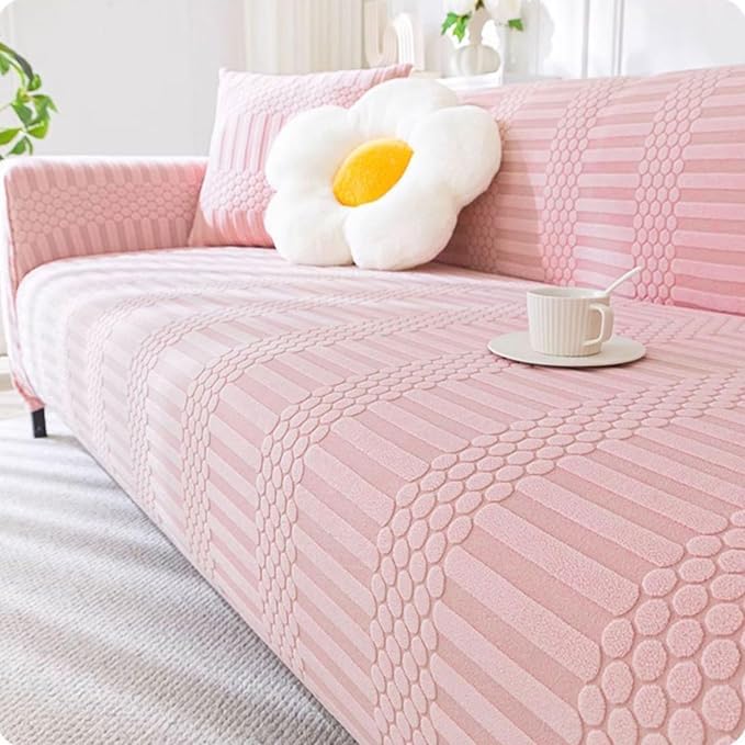 Lukzer Universal 3 Seater Jacquard Sofa Cover with 2 Cushion Covers Soft Touching Flexible Stretch Slipcover Pastel Pink Dotted Stripe PatternSC06803180230cm 220 GSM - Image 1