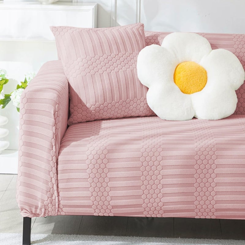 Lukzer Universal 3 Seater Jacquard Sofa Cover with 2 Cushion Covers Soft Touching Flexible Stretch Slipcover Pastel Pink Dotted Stripe PatternSC06803180230cm 220 GSM - Image 3