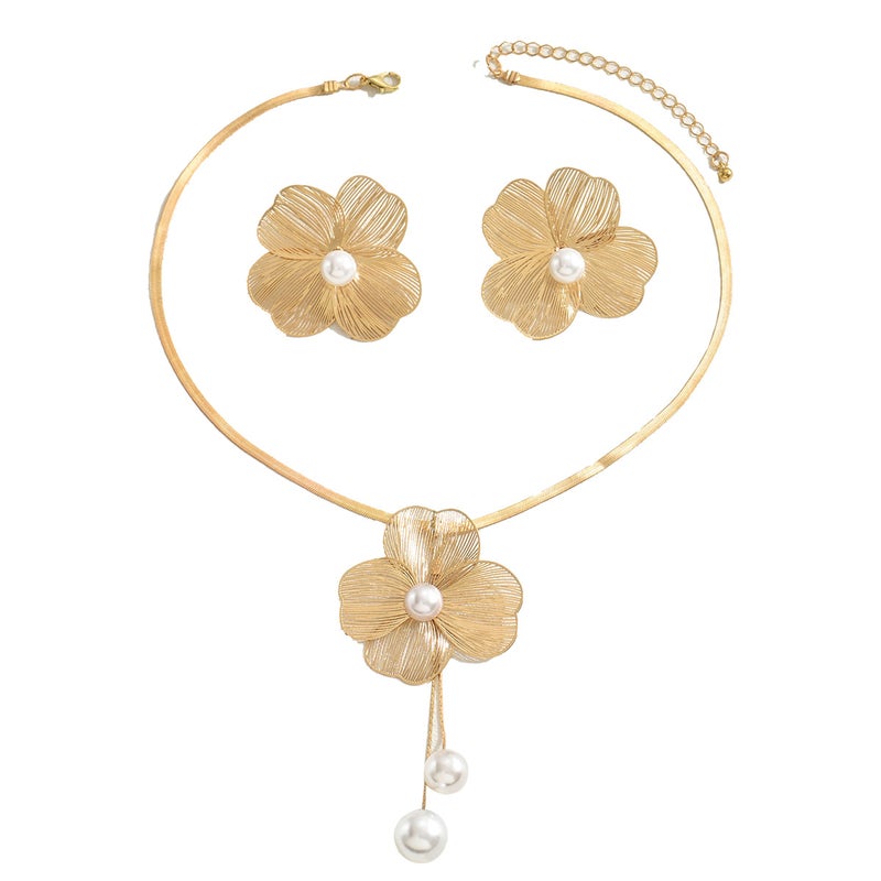 Ba Sha European and American Cross-Border Necklace and Earring Set, Versatile Flower Design with Pearl Inlay, Long Clavicle Chain for Women - Image 5