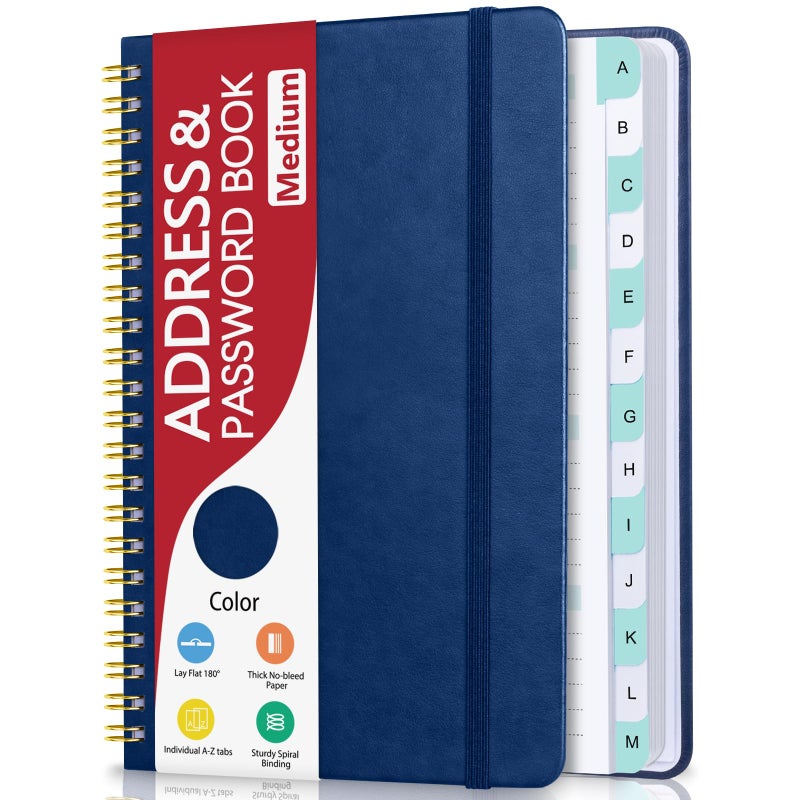 Homlive Address Book with Alphabetical Tabs, Hardcover Phone Book Password Keeper with Spiral Binding, Address Books for Seniors, Record Internet Logins, Coloring Pages - 5.7"Ã—7.7" (Navy Blue) - Image 1