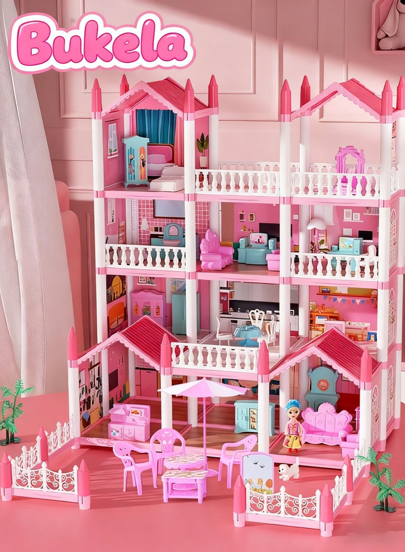 كيلا مجموعة لعب بيت الدمى الضخم المكون من 4 طوابق، بيت الأحلام للبنات، طقم بيت الدمى التظاهري - بيت لعب قصصي مع 14 غرفة، 2 دمية، شريطين إضاءة ملونين مع أضواء للتجميع، مناسب للمطبخ، غرفة النوم، الأثاث، الحديقة، وإكسسوارات الحيوانات الأليفة، لعبة هدية للأطفال من سن 3 إلى 8 سنوات فما فوق. - Image 1