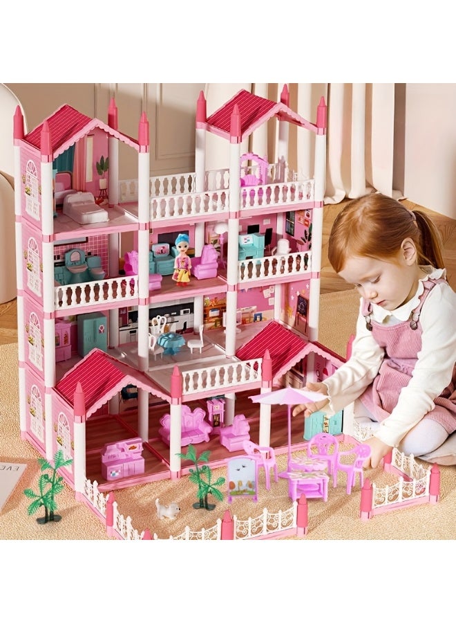 كيلا مجموعة لعب بيت الدمى الضخم المكون من 4 طوابق، بيت الأحلام للبنات، طقم بيت الدمى التظاهري - بيت لعب قصصي مع 14 غرفة، 2 دمية، شريطين إضاءة ملونين مع أضواء للتجميع، مناسب للمطبخ، غرفة النوم، الأثاث، الحديقة، وإكسسوارات الحيوانات الأليفة، لعبة هدية للأطفال من سن 3 إلى 8 سنوات فما فوق. - Image 3