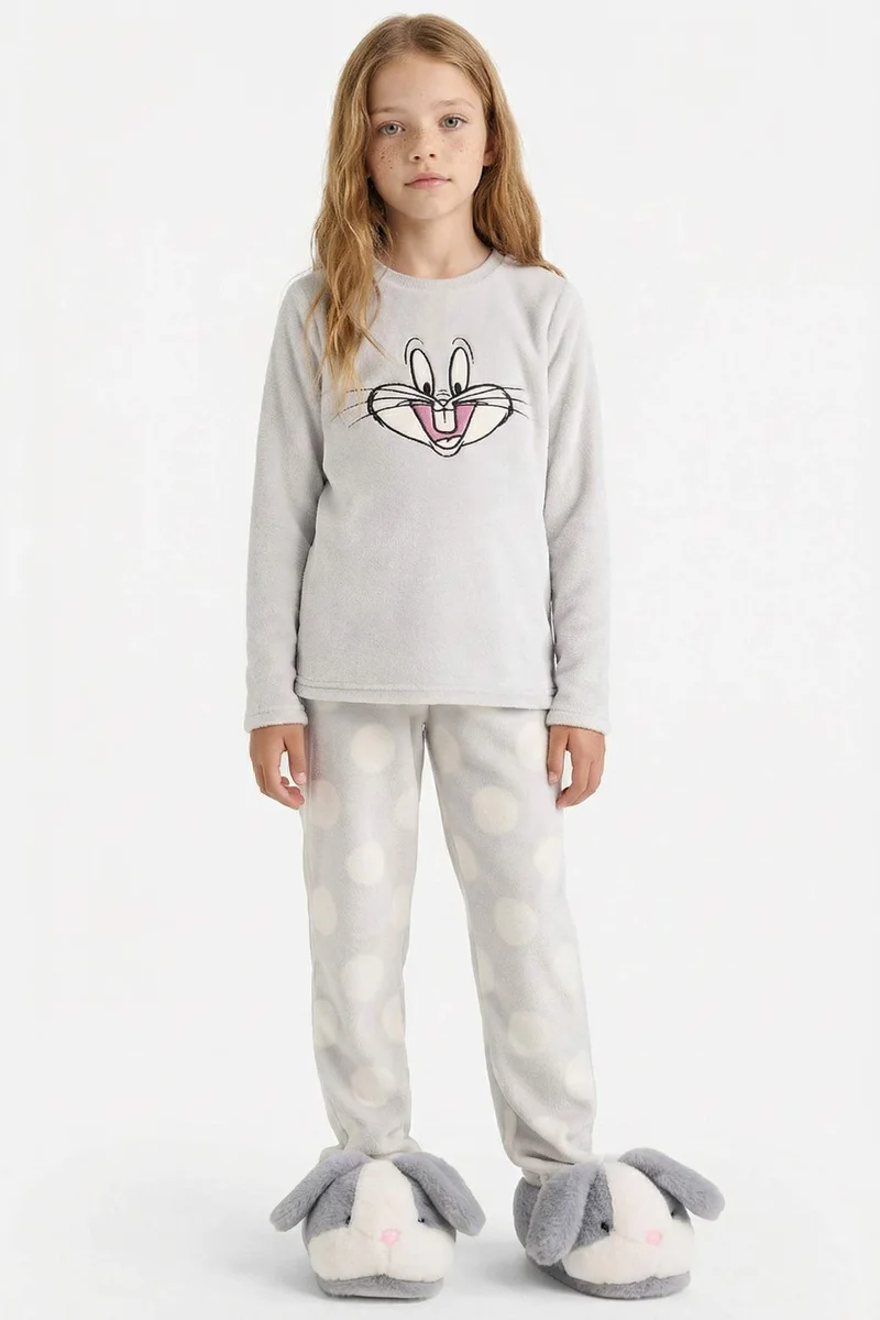 DeFacto Girl Looney Tunes Tunes Embroidered Plush Top Bottoms 2 Piece Pyjamas Set