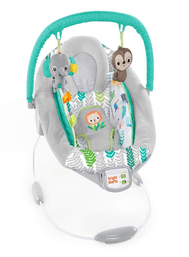 Bright Starts Bright Starts Jungle Vines Comfy Baby Bouncer and Vibrating Infant Seat with Taggies & Elephant and Sloth Plush Baby Toys - Image 1