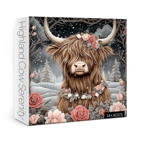 Larkipuzz Art Highland Cow Snow Jigsaw Puzzle 1000 Piece for Adult Animal Flower Plant Winter Jigsaw Puzzles Difficult Aesthetic Pretty Challenging Puzzle - Image 1