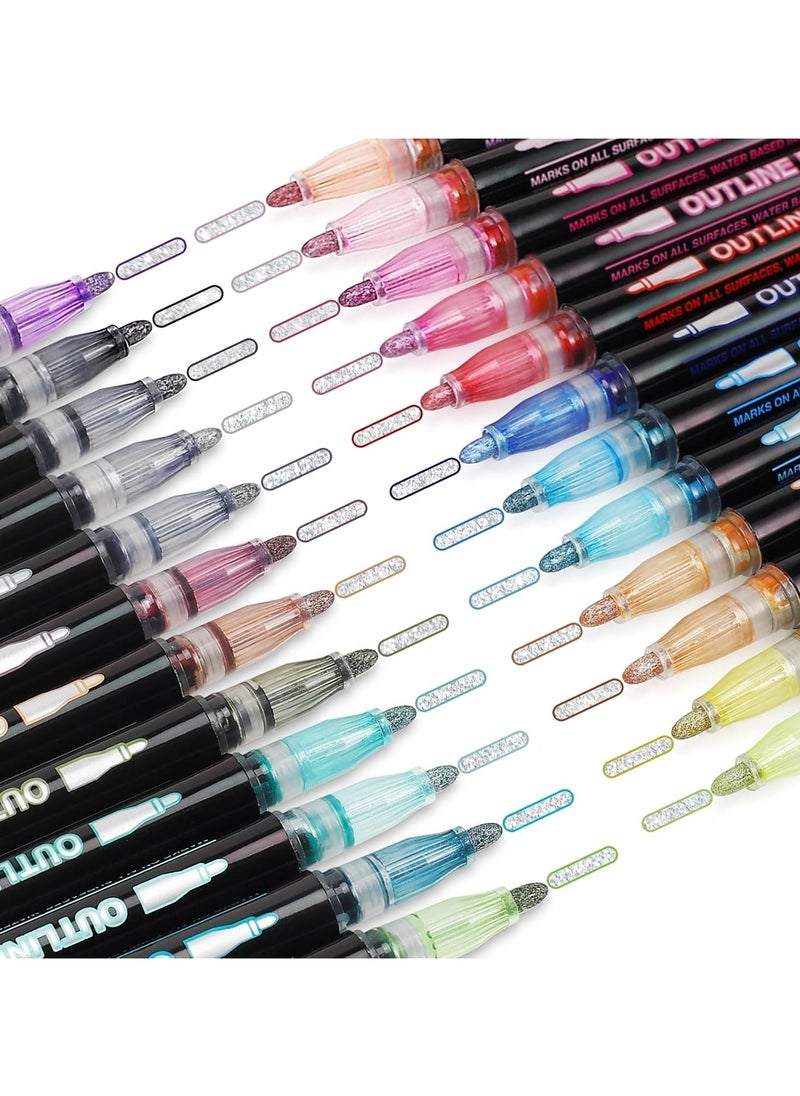 KHAJUL - 24-Piece Metallic Markers, Double Line Pen Outline, Waterproof Glitter Paint, Create Beautiful Two-color Effect ,Multicolour - Image 1