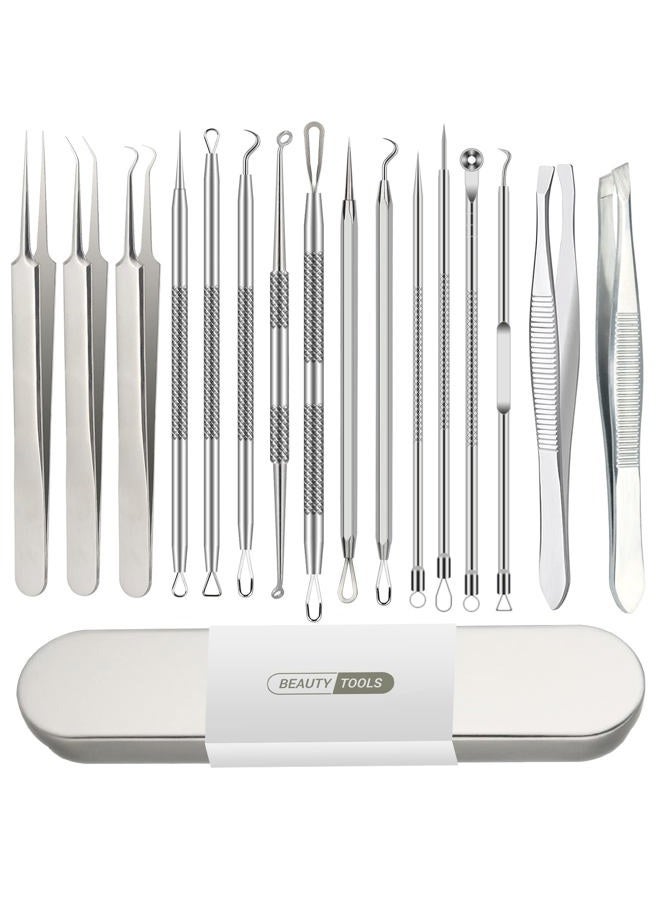 Qimouwp 16 Pcs Pimple Popper Kit - Blackhead Remover & Acne Extractor Tool - Professional Stainless Steel Tweezers for Eyebrows, Pimples & Blemishes - Tools for Beauty Salons - Image 1