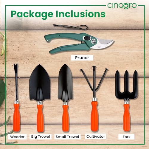 Cinagro Garden Tools Kit (Set of 6) Weeder, 2 Trowels, Hand Fork, Cultivator, Pruner | Gardening Tools Kit for Home Garden, Indoor and Outdoor Gardening for Plants and Soil - Image 2
