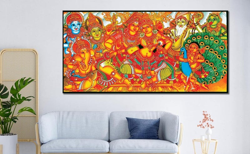 Namaste Home Namaste Home Canvas Painting Shiv Parvati Indian God Traditional Art Kerala Mural Art Wall Painting Without Frame Cotton Canvas Medium Size 48X24 Inches Multicolor