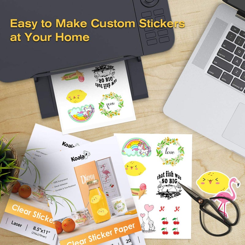 KOALA PAPER Koala Printable Clear Sticker Paper - ONLY for LASER Printer - 8.5x11 Inch 20 Sheets Full Sheet 100% Transparent Label Paper for DIY Personalized Decals, Labels - Image 3