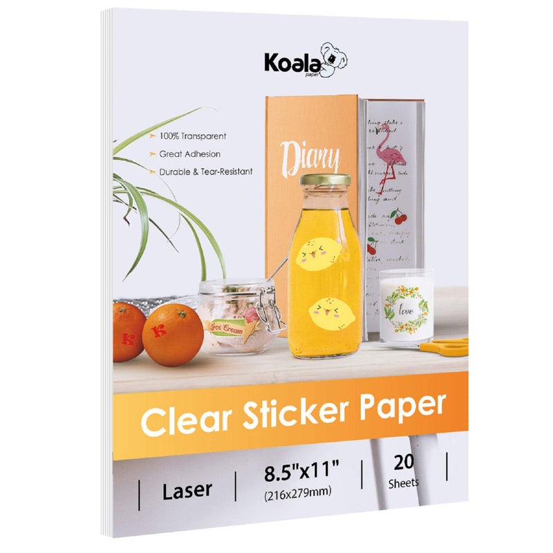 KOALA PAPER Koala Printable Clear Sticker Paper - ONLY for LASER Printer - 8.5x11 Inch 20 Sheets Full Sheet 100% Transparent Label Paper for DIY Personalized Decals, Labels - Image 1