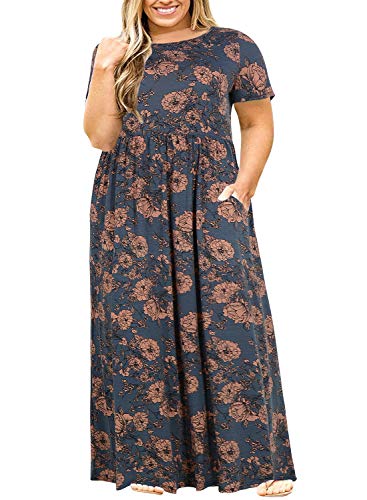 Nemidor Women Short Sleeve Loose Plain Casual Plus Size Long Maxi Dress with Pockets (20,179+Pink Print) - Image 1
