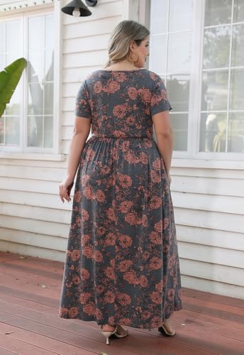 Nemidor Women Short Sleeve Loose Plain Casual Plus Size Long Maxi Dress with Pockets (20,179+Pink Print) - Image 2