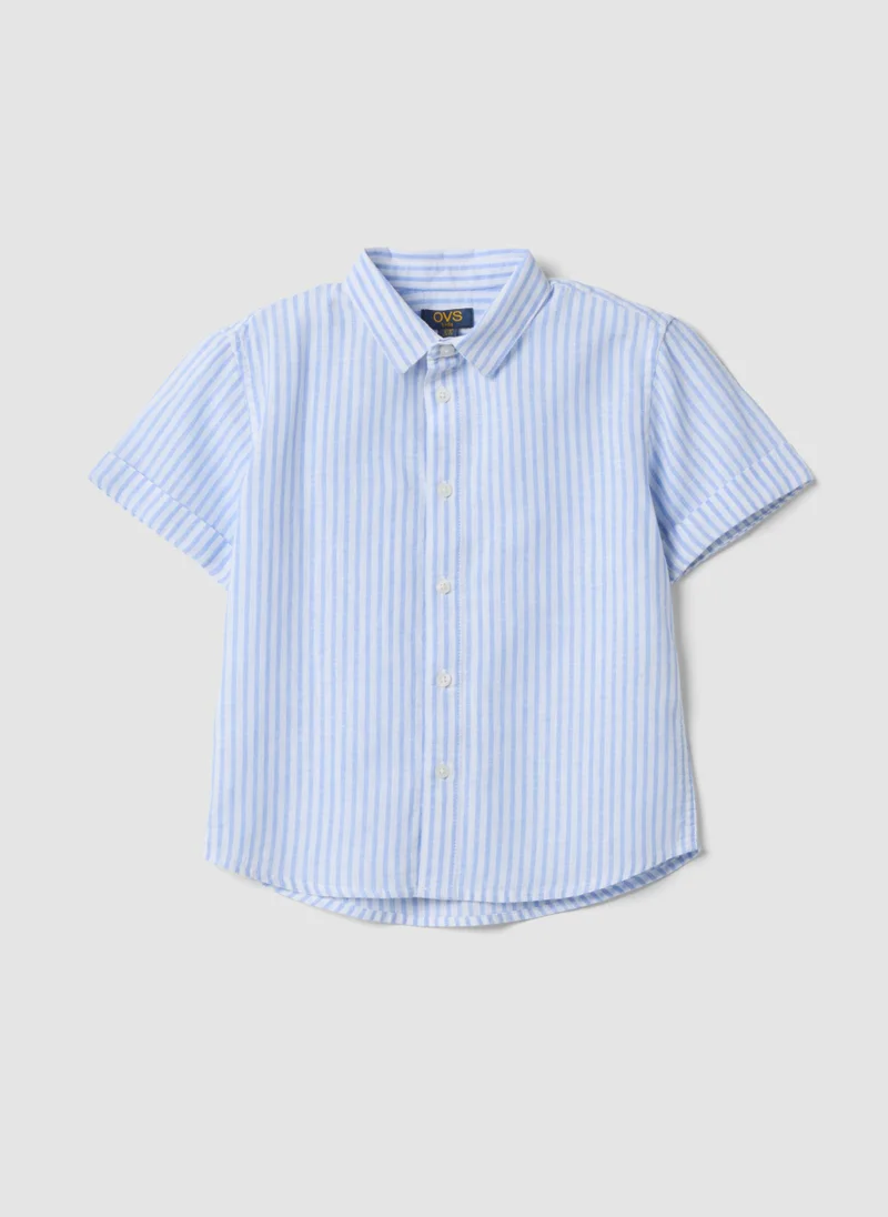 او في اس OVS Boys' Blue Striped Linen And Cotton Blend Shirt, Regular Fit