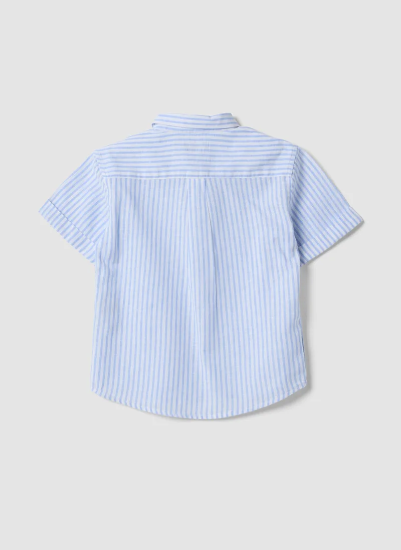 او في اس OVS Boys' Blue Striped Linen And Cotton Blend Shirt, Regular Fit