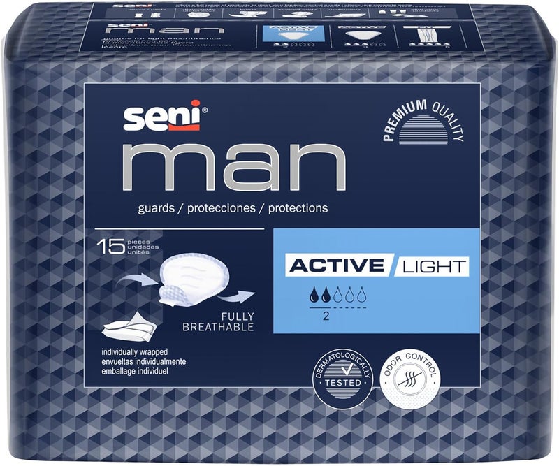 SENI Man Active Guards Male Incontinence Bladder Control Pads 712 x 9310 90 Count 6 Packs of 15 Light Absorbency with Adhesive Strip and Super Absorbent Core for Men - Image 1