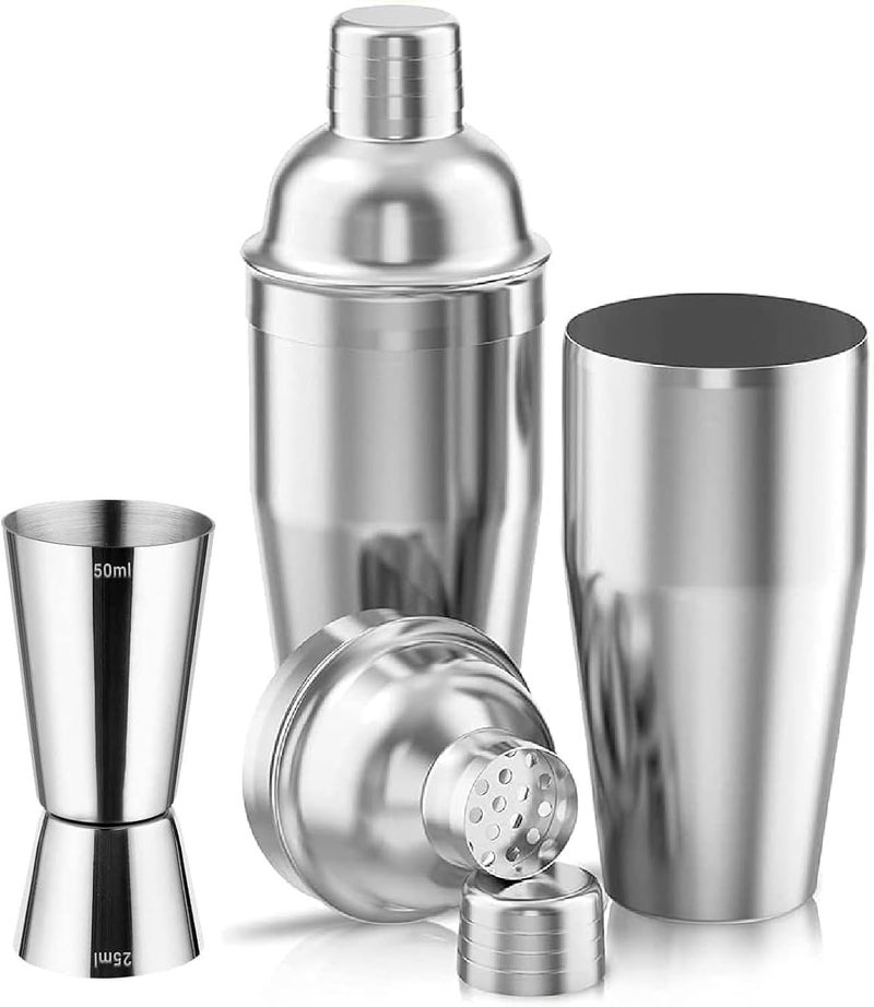 Stainless Steel Cocktail Shaker | Professional 3-Piece Bartender Shaker with Built-in Cocktail Strainer | and Stainless Steel Jigger 25/50 - by INFINITY-Plus (750 M, Silver) - Image 1