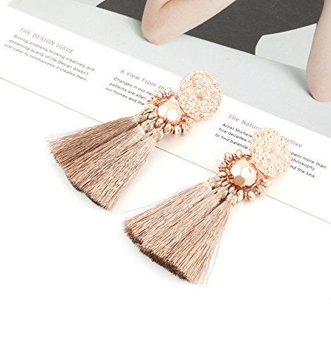 Boderier Bohemian Statement Thread Tassel Chandelier Drop Dangle Earrings with Cassandra Button Stud (Rose Gold) - Image 2