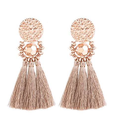 Boderier Bohemian Statement Thread Tassel Chandelier Drop Dangle Earrings with Cassandra Button Stud (Rose Gold) - Image 1