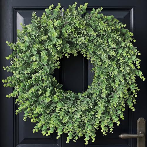 GLIDLION 24" Soft Textured Artificial Eucalyptus Wreath for Front Door - Fake Greenery Wreath with Realistic Feel, Faux Plant Wreath for Front Door Wall Windows Farmhouse Home Decor - Image 1