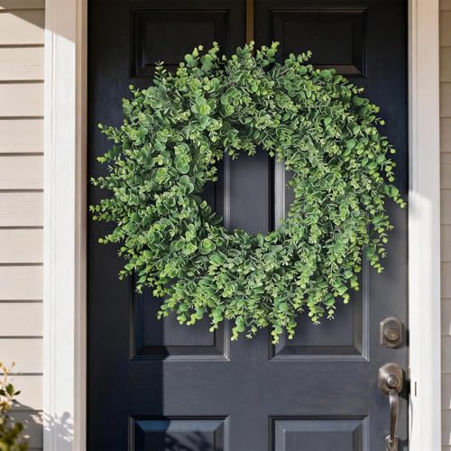 GLIDLION 24" Soft Textured Artificial Eucalyptus Wreath for Front Door - Fake Greenery Wreath with Realistic Feel, Faux Plant Wreath for Front Door Wall Windows Farmhouse Home Decor - Image 3
