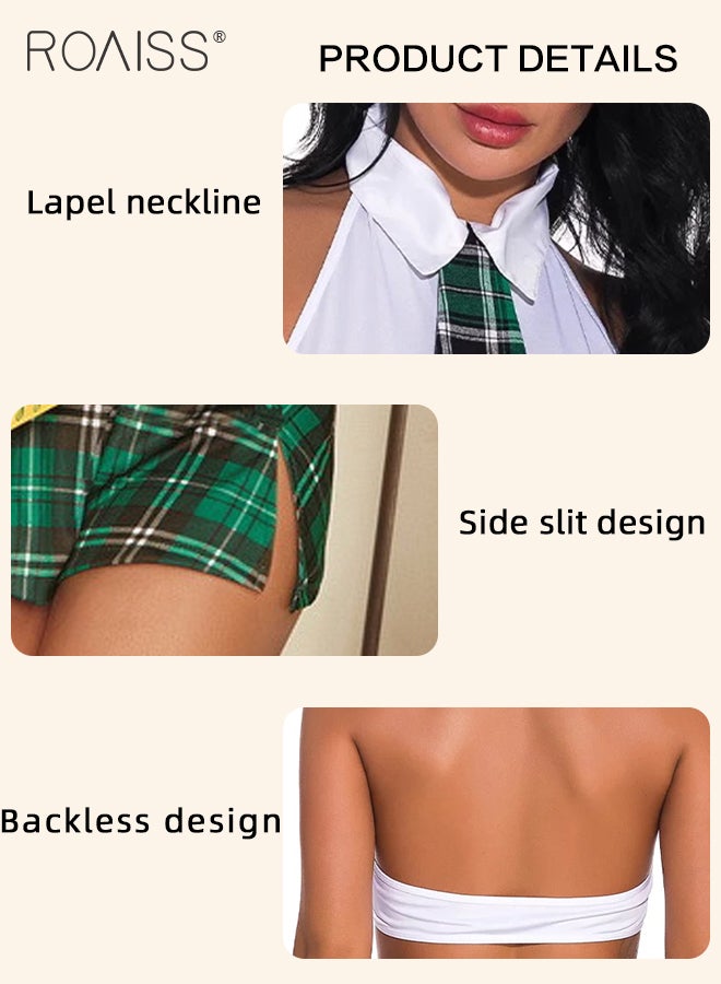 roaiss 2Pcs Split Underwear Suit for Women Halterneck Backless Lapel Shirt Short Top and Plaid Mini Upskirt Schoolgirl Uniform Lingerie Ladies Cosplay Costumes  - Image 2