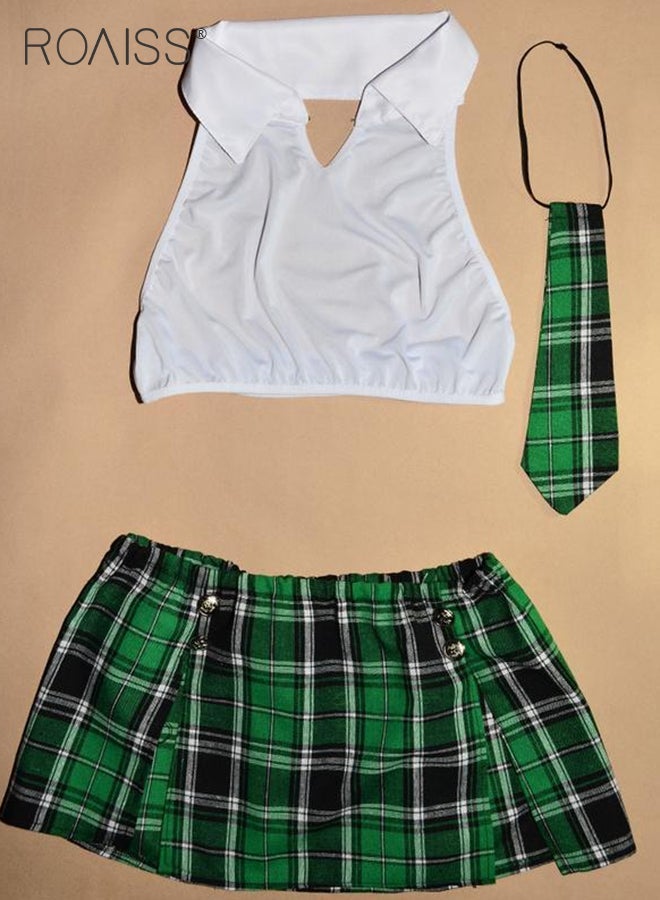 roaiss 2Pcs Split Underwear Suit for Women Halterneck Backless Lapel Shirt Short Top and Plaid Mini Upskirt Schoolgirl Uniform Lingerie Ladies Cosplay Costumes