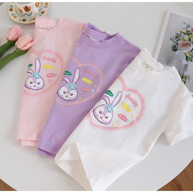100 Cotton Children'S 2024 Girls' Baby'S Short-Sleeved T-Shirt Cartoon Printed Rabbit All-Match Top - Image 4