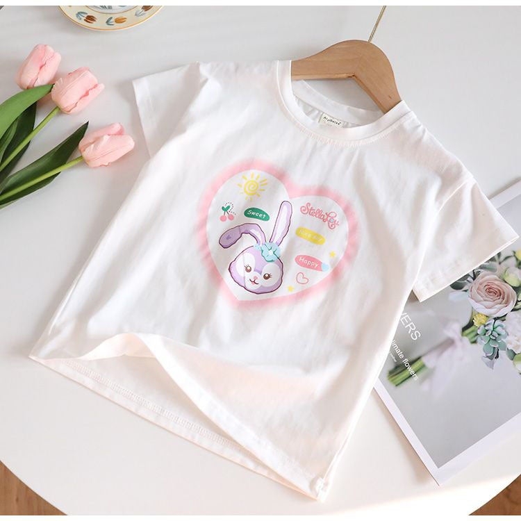 100 Cotton Children'S 2024 Girls' Baby'S Short-Sleeved T-Shirt Cartoon Printed Rabbit All-Match Top - Image 1