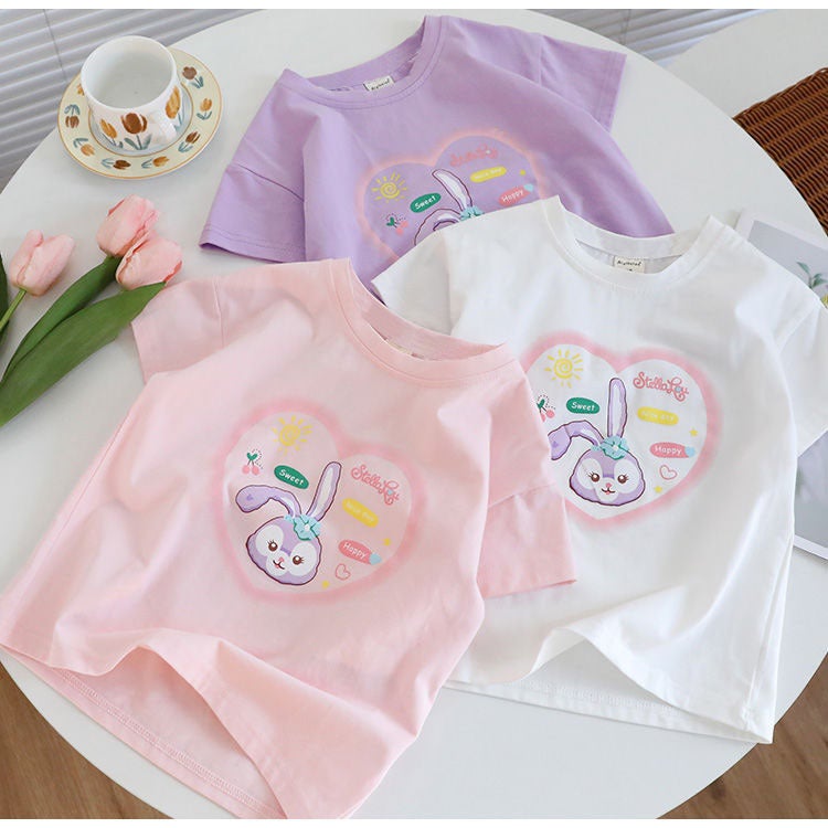 100 Cotton Children'S 2024 Girls' Baby'S Short-Sleeved T-Shirt Cartoon Printed Rabbit All-Match Top - Image 3