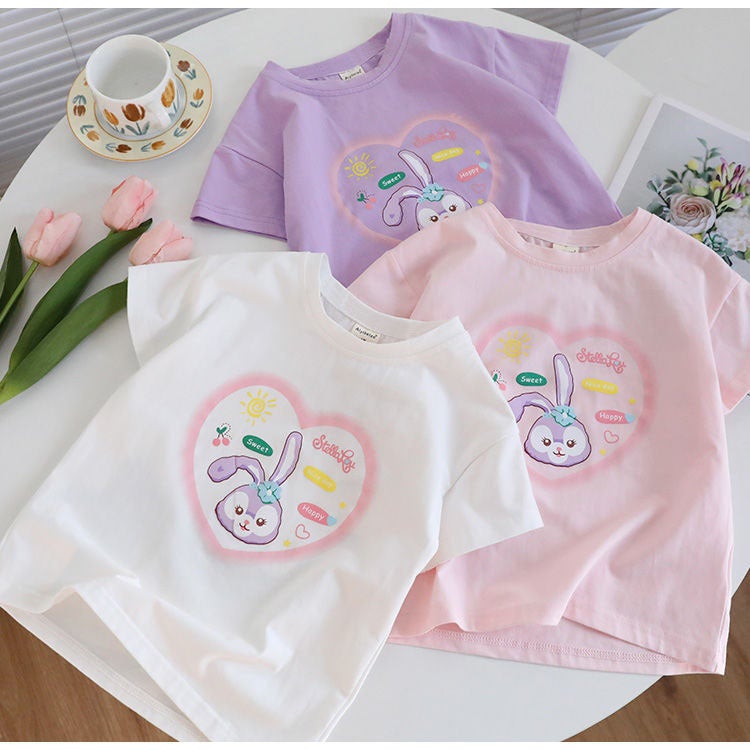 100 Cotton Children'S 2024 Girls' Baby'S Short-Sleeved T-Shirt Cartoon Printed Rabbit All-Match Top - Image 2