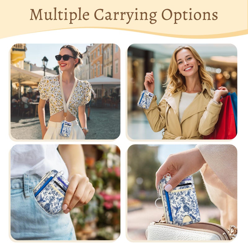 Kelvoris Bird Flowers Credit Card Holder Small Wallet Women, Slim RFID Blocking Wallet Woman Keychain with Zipper Coin Pocket, Front Pocket Thin Travel Card Case Organizer with ID Window Ladies Gifts - Image 2