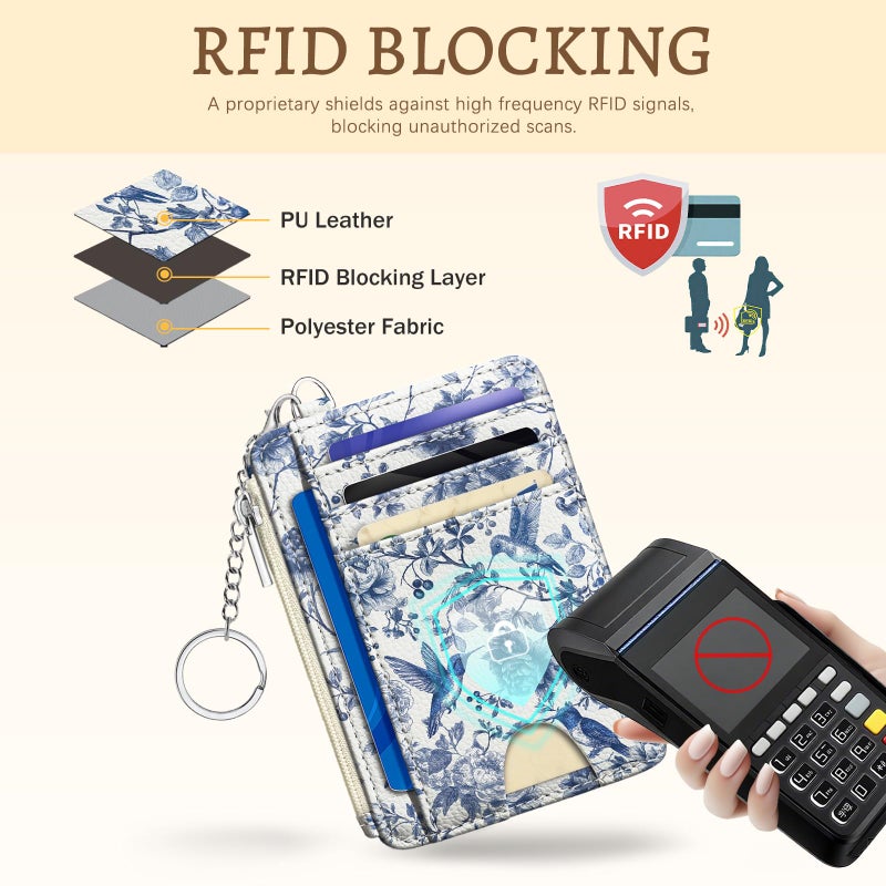 Kelvoris Bird Flowers Credit Card Holder Small Wallet Women, Slim RFID Blocking Wallet Woman Keychain with Zipper Coin Pocket, Front Pocket Thin Travel Card Case Organizer with ID Window Ladies Gifts - Image 4