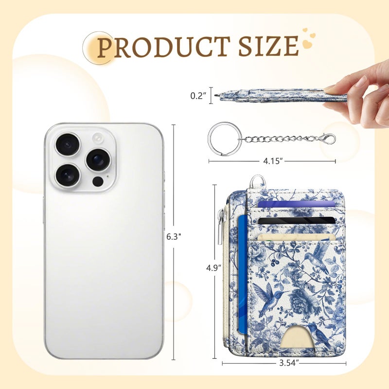 Kelvoris Bird Flowers Credit Card Holder Small Wallet Women, Slim RFID Blocking Wallet Woman Keychain with Zipper Coin Pocket, Front Pocket Thin Travel Card Case Organizer with ID Window Ladies Gifts - Image 5