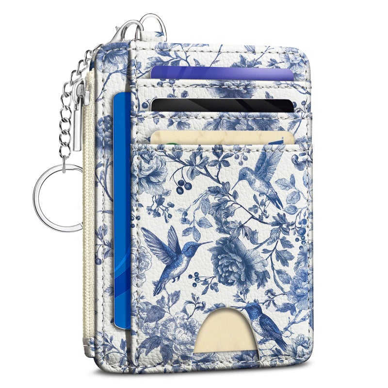 Kelvoris Bird Flowers Credit Card Holder Small Wallet Women, Slim RFID Blocking Wallet Woman Keychain with Zipper Coin Pocket, Front Pocket Thin Travel Card Case Organizer with ID Window Ladies Gifts - Image 1