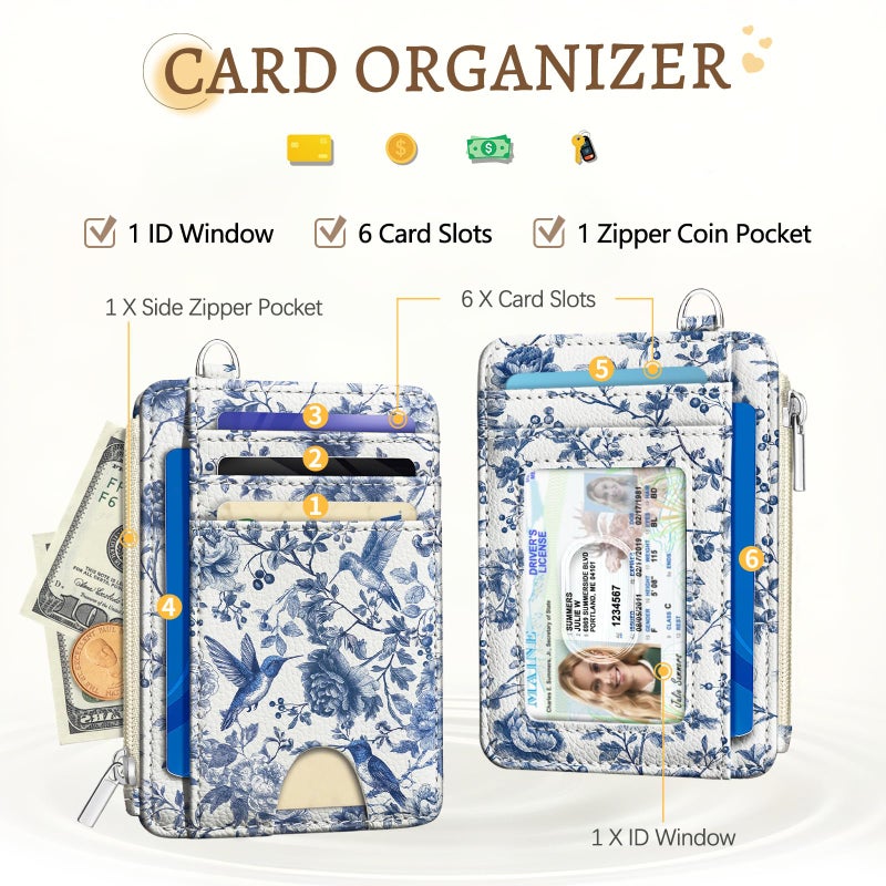 Kelvoris Bird Flowers Credit Card Holder Small Wallet Women, Slim RFID Blocking Wallet Woman Keychain with Zipper Coin Pocket, Front Pocket Thin Travel Card Case Organizer with ID Window Ladies Gifts - Image 3