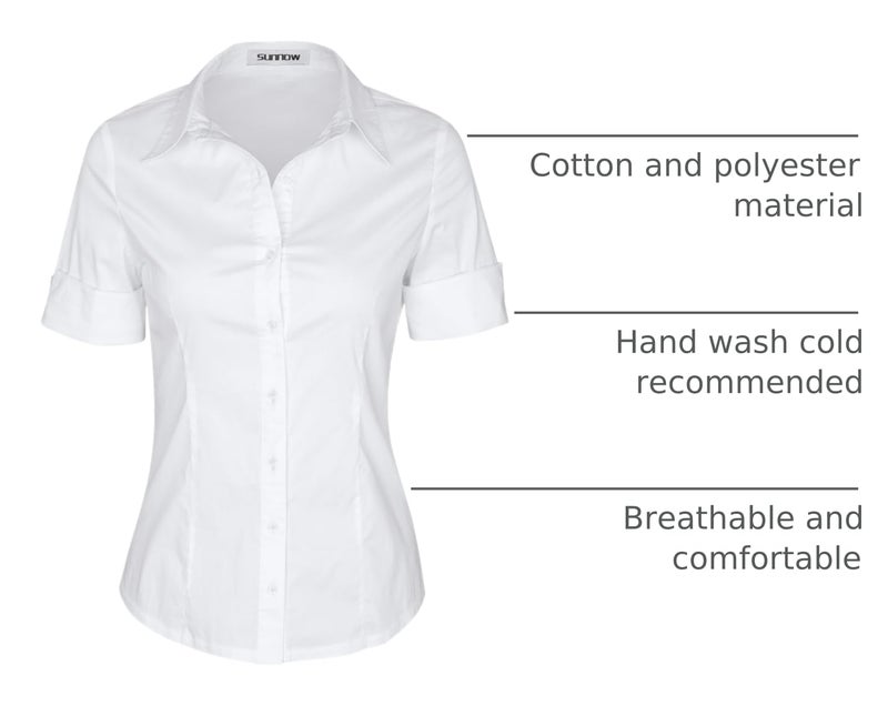 SUNNOW Womens Button Down Shirts Tailored Short Sleeve Shirt Basic Simple Stretch Wrinkle Free Formal Work Blouses White - Image 3