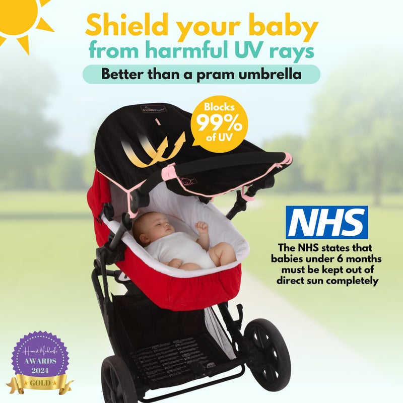 FRIUSATE SnoozeShade Original Pram Sun Shade for Newborns Universal Fit Better Than Breathable Blackout Cover with UPF50 Plus Protection Baby Sleep Aid with Limited Edition Pink Trim - Image 2