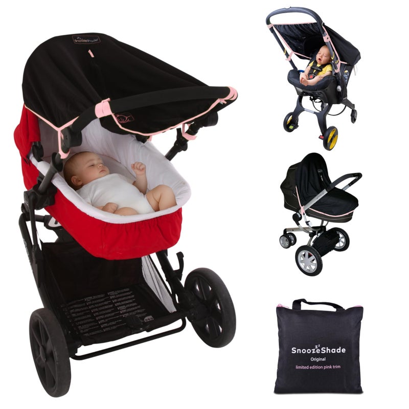 FRIUSATE SnoozeShade Original Pram Sun Shade for Newborns Universal Fit Better Than Breathable Blackout Cover with UPF50 Plus Protection Baby Sleep Aid with Limited Edition Pink Trim - Image 1