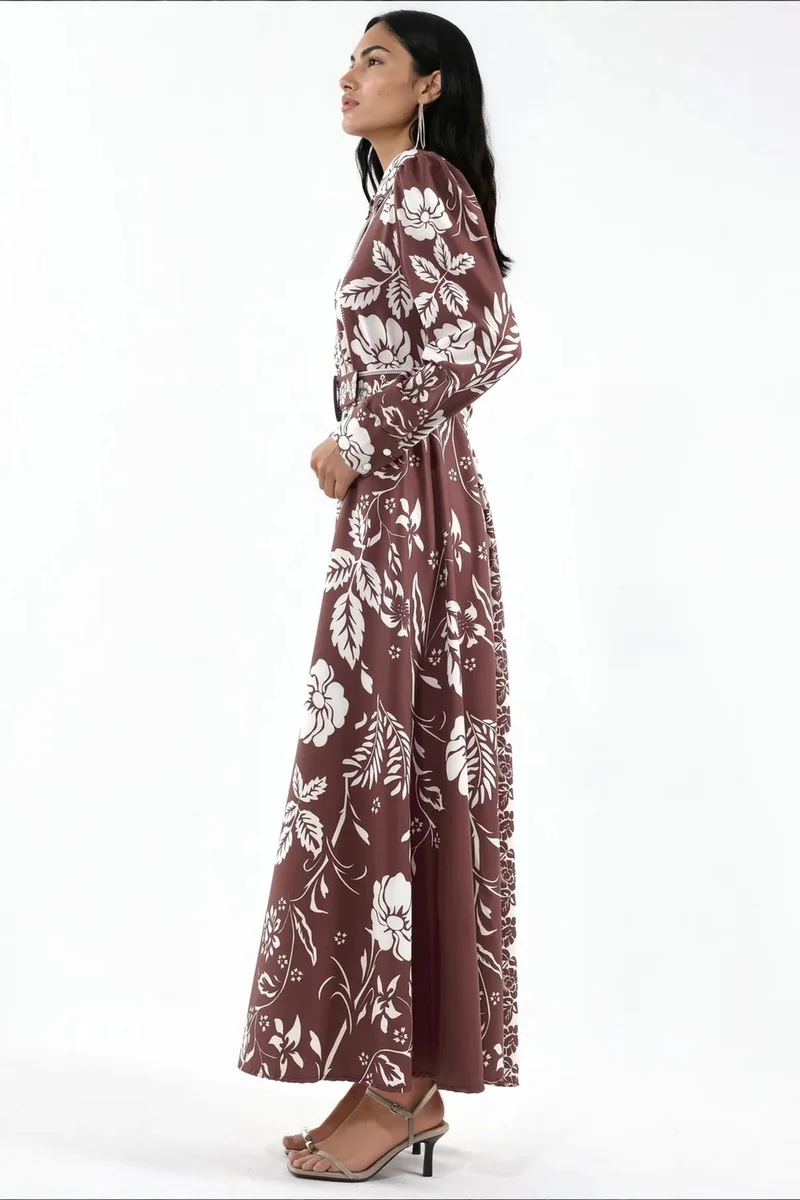 Jennyfer Floral Belted Maxi Shirt Dress
