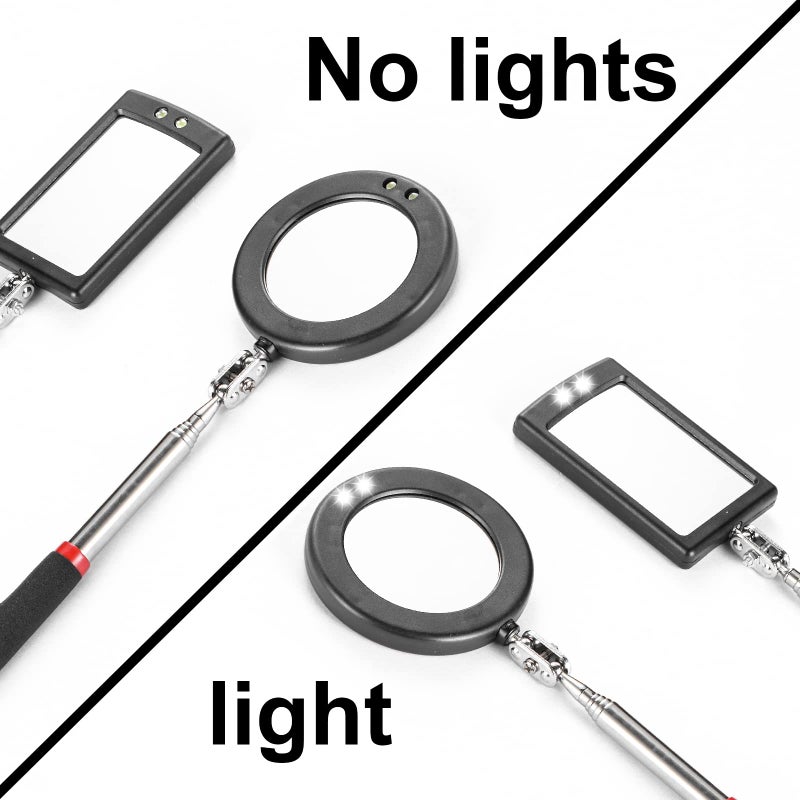 KABUDA 4PCS Telescoping Inspection Mirror LED Lighted Inspection Mirror for Mechanic Checking Vehicle, Car, Eyelashes, Mouth, Small Parts Observation (Extendable, Rectangle & Round) - Image 4