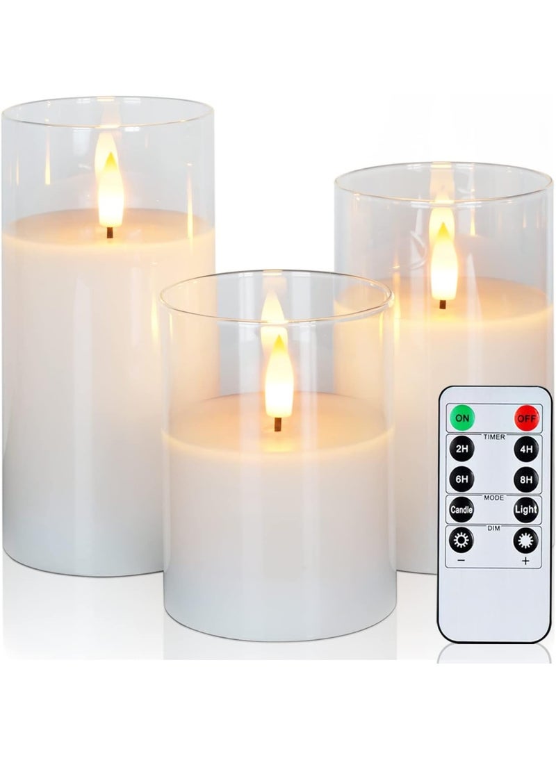 Clear Glass Flameless Candles Battery Operated with Timer, Remote Control, LED Pillar Candles, Battery Powered, Pure White Wax, Set of 3 - Image 1