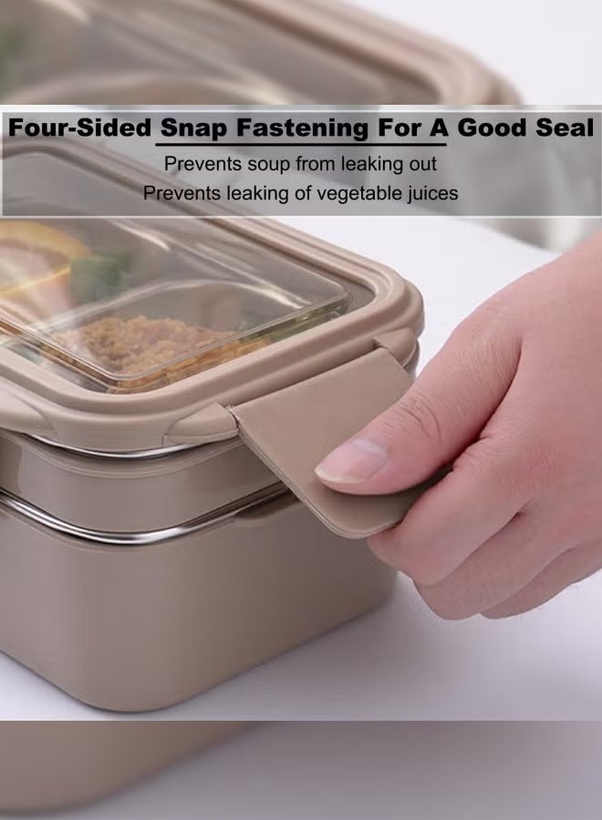 Haidue Bento Box, Stainless Steel Double Layer Lunch Box with Spoon and Fork, Stainless Steel Lunch Box with lunch bag, Leakproof Bento Box Khaki - Image 4