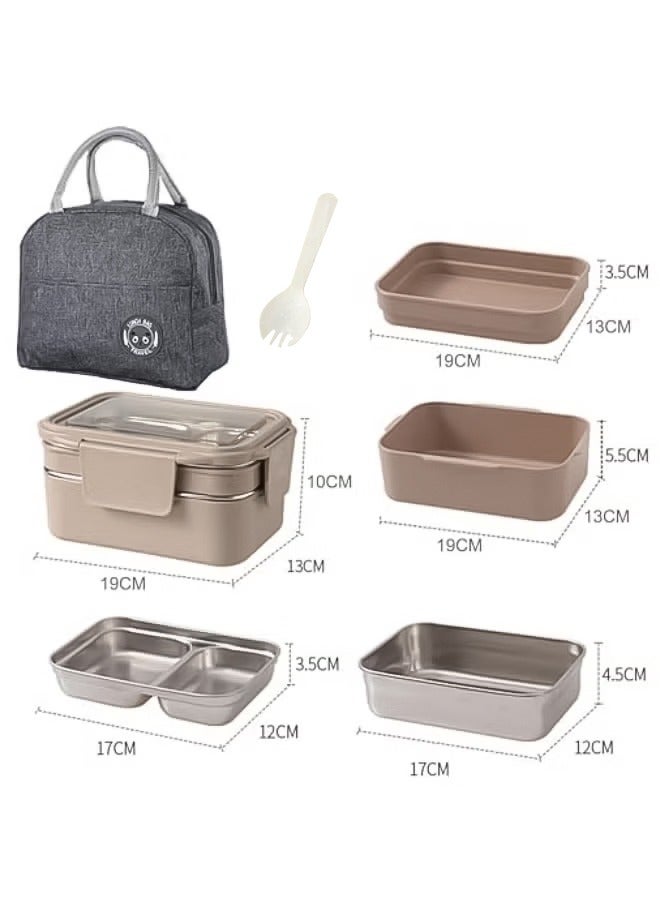 Haidue Bento Box, Stainless Steel Double Layer Lunch Box with Spoon and Fork, Stainless Steel Lunch Box with lunch bag, Leakproof Bento Box Khaki - Image 2