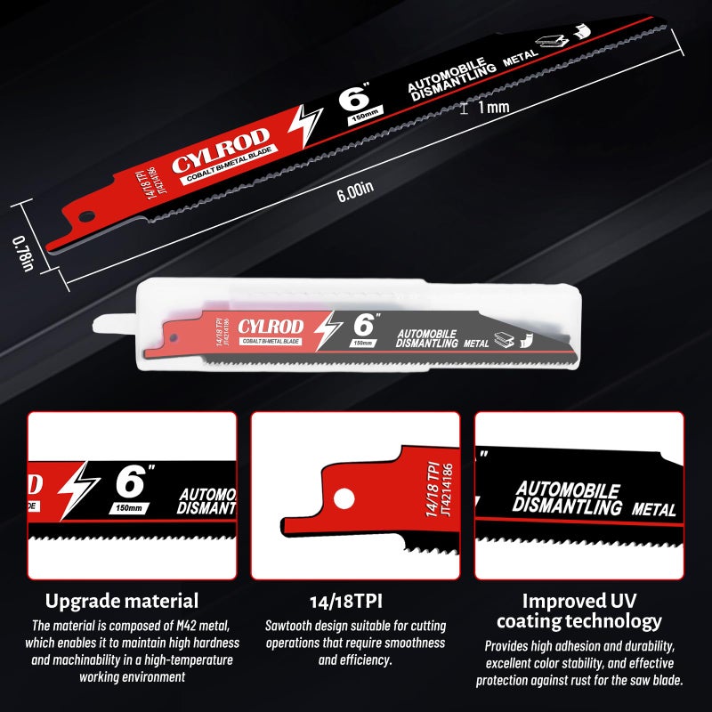 Cylrod 25 Pack 6 In 14/18 Tpi Reciprocating Saw Blades For Sawzall Blades M42 Steel Cobalt Bi-Metal Blades For Automobile Dismantling Metal Cutting Replace For Milwaukee For Dewalt For Diablo Blade - Image 5