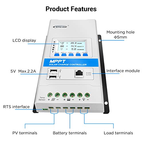EPEVER 30A MPPT Solar Charge Controller 12V/24V Auto Solar Panel Charge Regulator with LED&LCD Display Double USB Port and MT50 Remote Meter Temperature Sensor RTS & PC Communication Cable RS485 - Image 2