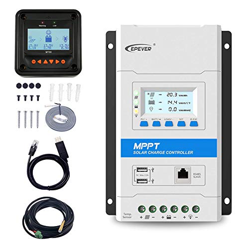EPEVER 30A MPPT Solar Charge Controller 12V/24V Auto Solar Panel Charge Regulator with LED&LCD Display Double USB Port and MT50 Remote Meter Temperature Sensor RTS & PC Communication Cable RS485 - Image 1