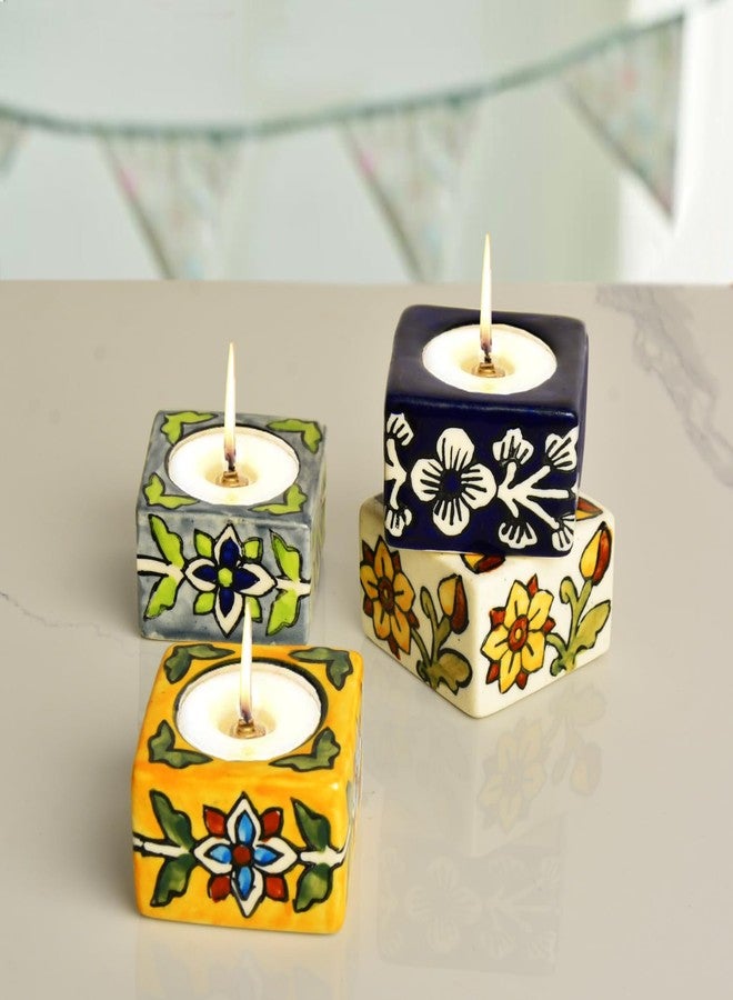 StyleMyWay Hand Painted Ceramic Tea Light Holder for Home Decoration (Multicolor, Set of 4, 2 inches) | Handmade Home Decor Items - Image 1