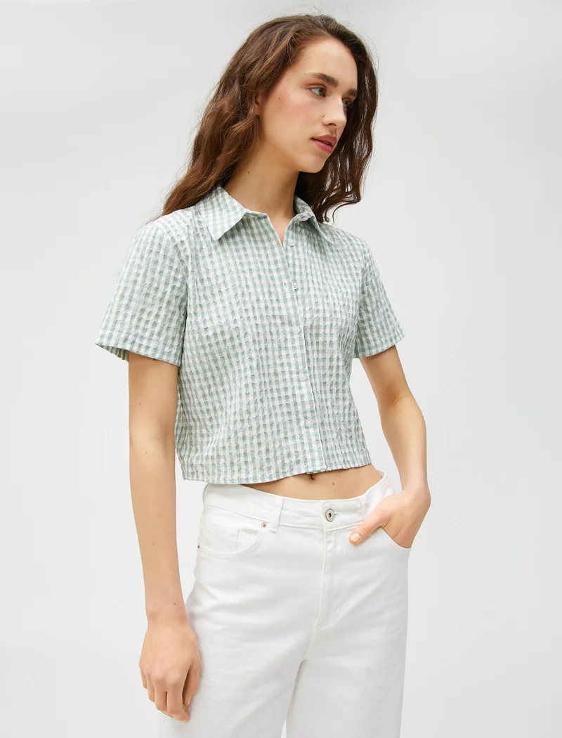KOTON Crop Shirt Checked Short Sleeve Buttoned